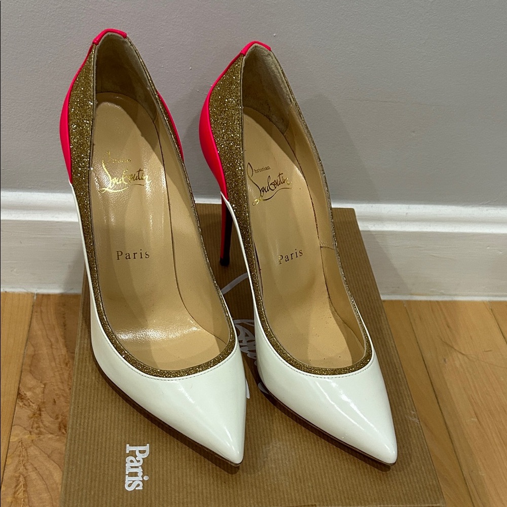 Christian Louboutin White, Gold, and Pink Heels